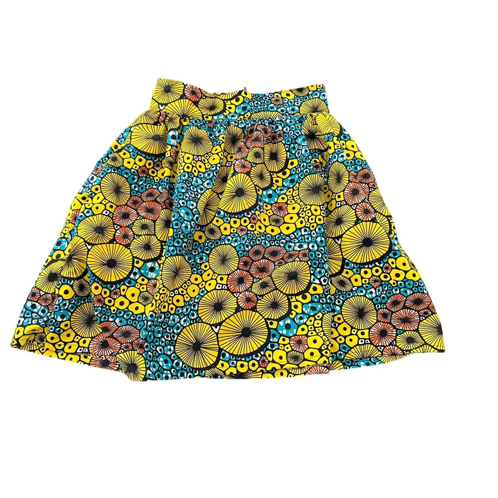 African Wax Print A-Line Skirt Yellow Teal Floral High Waist Midi Lined 31W